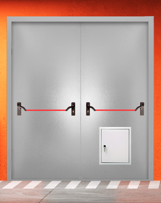 Противопожарная двупольная серая дверь порошковым напылением EIS 30 без доводчика с ручкой антипаника, стыковочным узлом