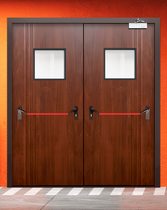 Противопожарная двупольная МДФ коричневая дверь с ручкой антипаника, квадратным окном