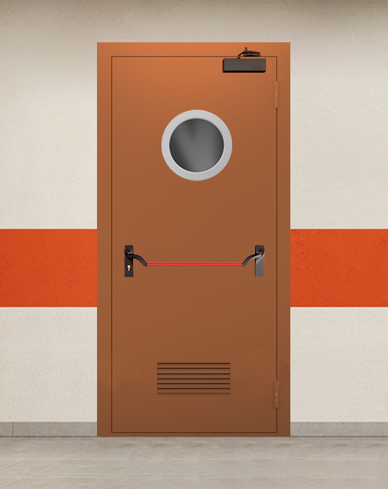 Противопожарная однопольная коричневая дверь EI 90 с ручкой антипаника, круглым окном, прямоугольной решеткой