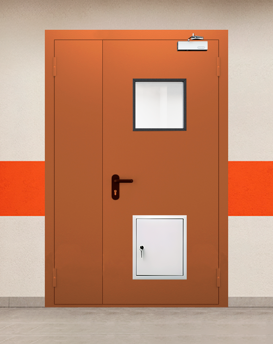 Противопожарная полуторная коричневая дверь EI 45 с квадратным окном, стыковочным узлом