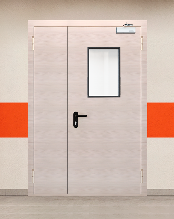 Противопожарная полуторная МДФ бежевая дверь с прямоугольным окном