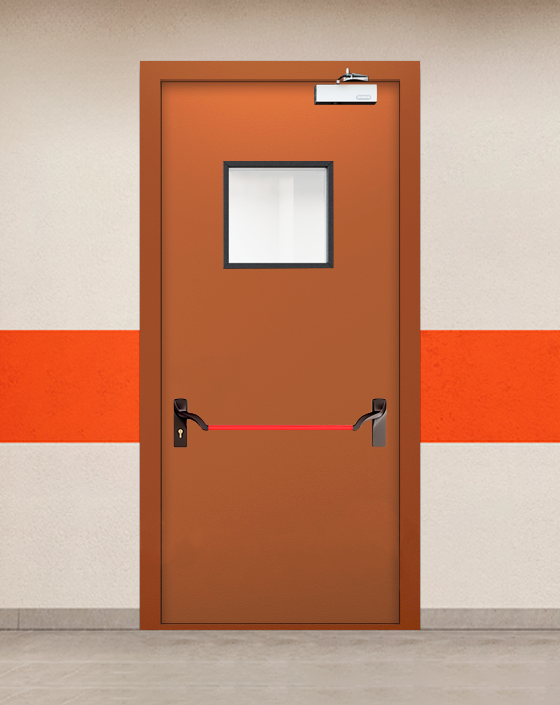 Противопожарная однопольная коричневая дверь EIW 60 с ручкой антипаника, квадратным окном