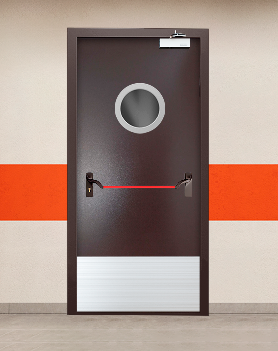 Противопожарная однопольная коричневая дверь порошковым напылением EIWS 45 с ручкой антипаника, круглым окном, широким отбойником