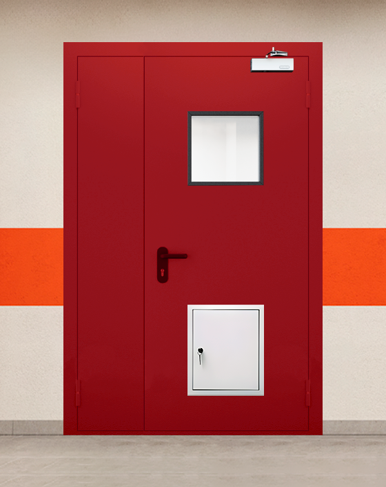 Противопожарная полуторная красная дверь EI 60 (2-го типа) с квадратным окном, стыковочным узлом