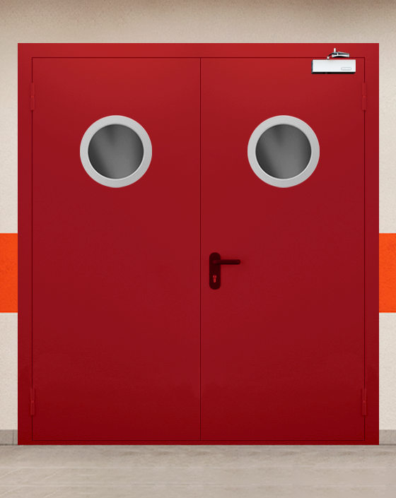 Противопожарная двупольная красная дверь EIWS 90 с круглым окном