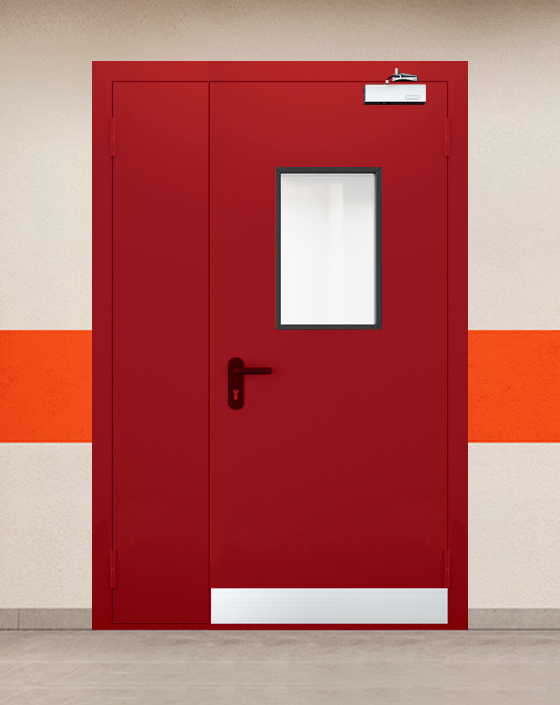 Противопожарная полуторная красная дверь EI 60 (2-го типа) с прямоугольным окном, узким отбойником