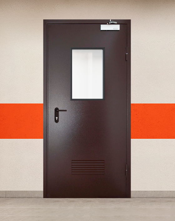 Противопожарная однопольная коричневая дверь порошковым напылением EIS 30 с прямоугольным окном, прямоугольной решеткой