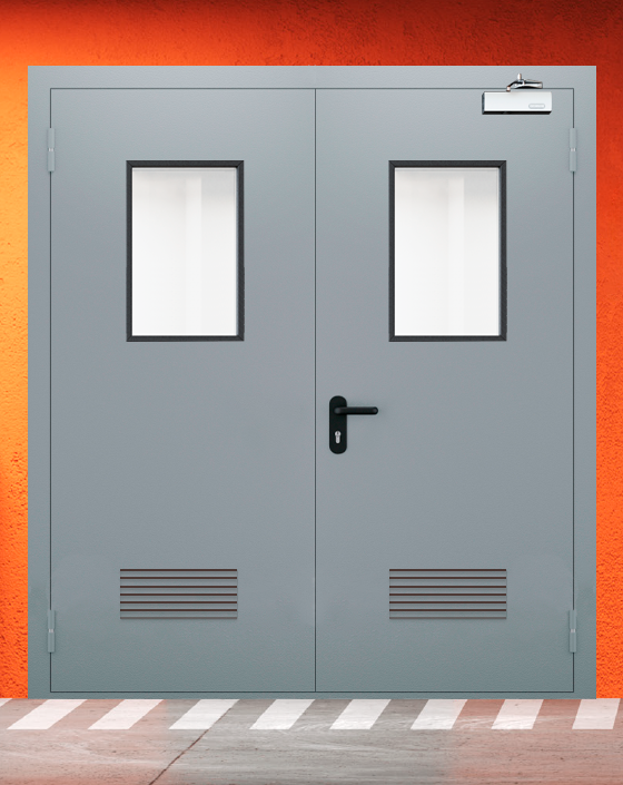 Противопожарная двупольная серая дверь EI-90 с прямоугольным окном, прямоугольной решеткой