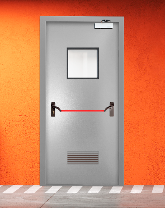 Противопожарная однопольная серая дверь порошковым напылением EIS 45 с ручкой антипаника, квадратным окном, прямоугольной решеткой