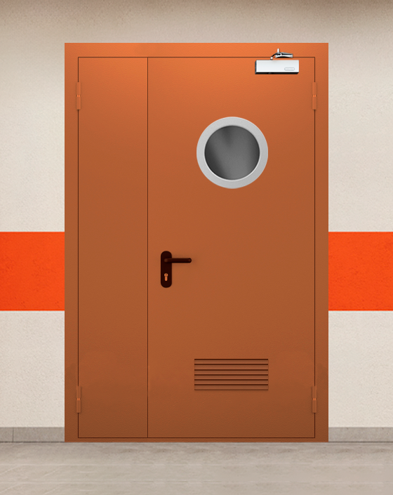 Противопожарная полуторная коричневая дверь EI 45 с круглым окном, прямоугольной решеткой