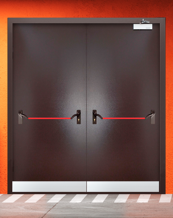 Противопожарная двупольная коричневая дверь порошковым напылением EIWS 60 с ручкой антипаника, узким отбойником