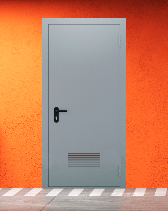 Противопожарная однопольная серая дверь EI 30 (3-го типа) без доводчика с прямоугольной решеткой