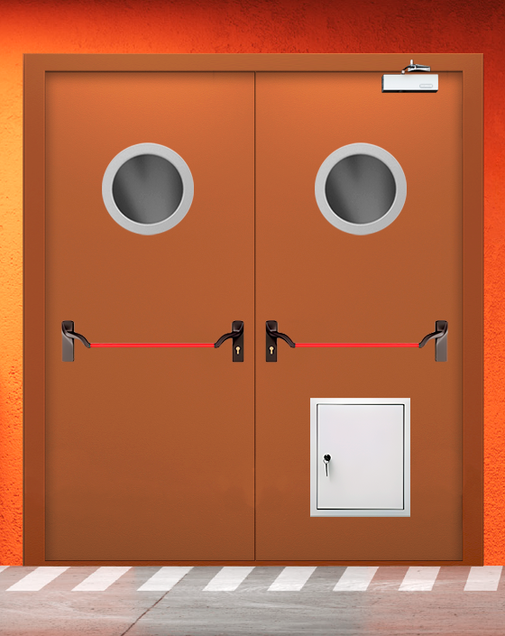 Противопожарная двупольная коричневая дверь EIS 60 с ручкой антипаника, круглым окном, стыковочным узлом