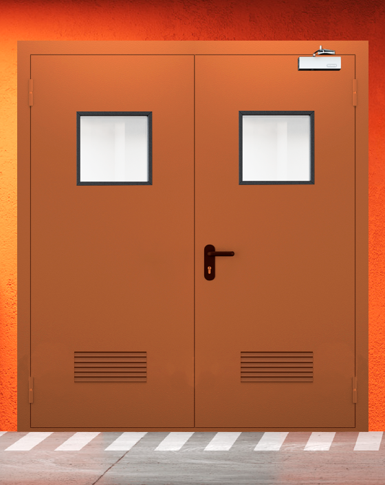 Противопожарная двупольная коричневая дверь EIS 60 с квадратным окном, прямоугольной решеткой