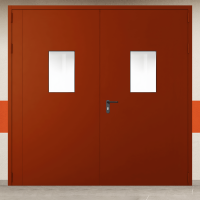 Ворота металлические двустворчатые красные с двумя окнами