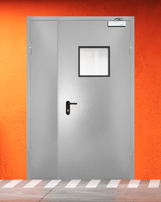 Противопожарная полуторная серая дверь порошковым напылением EIS 45 с квадратным окном