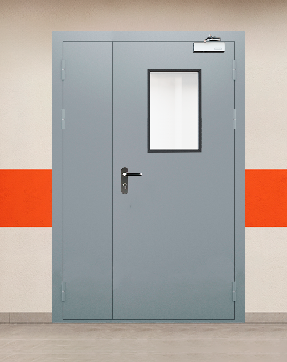 Противопожарная полуторная серая дверь EI 30 (3-го типа) с блестящей ручкой, прямоугольным окном