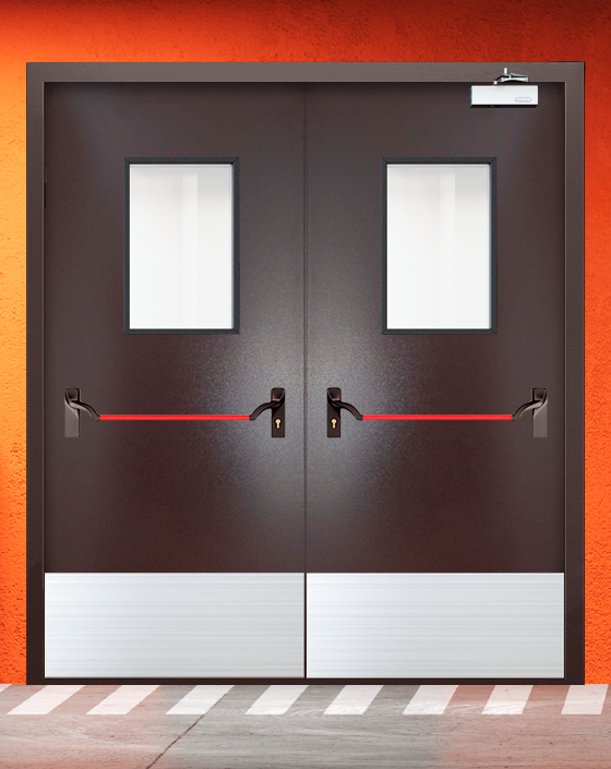 Противопожарная двупольная коричневая дверь порошковым напылением EIWS 60 с ручкой антипаника, прямоугольным окном, широким отбойником