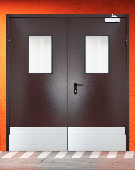 Противопожарная двупольная коричневая дверь порошковым напылением EIWS 30 с прямоугольным окном, широким отбойником