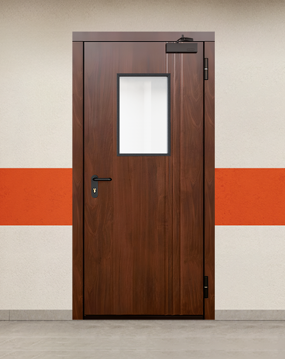 Противопожарная однопольная МДФ коричневая дверь EIS 90 с прямоугольным окном