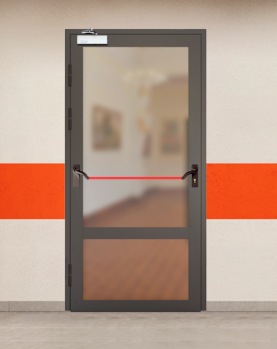 Противопожарная однопольная светопрозрачная стальная коричневая дверь EIW 30 с ручкой антипаника