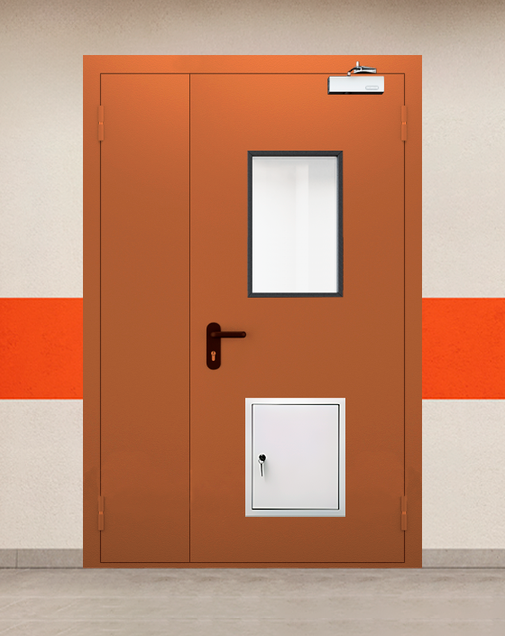 Противопожарная полуторная коричневая дверь EI 45 с прямоугольным окном, стыковочным узлом