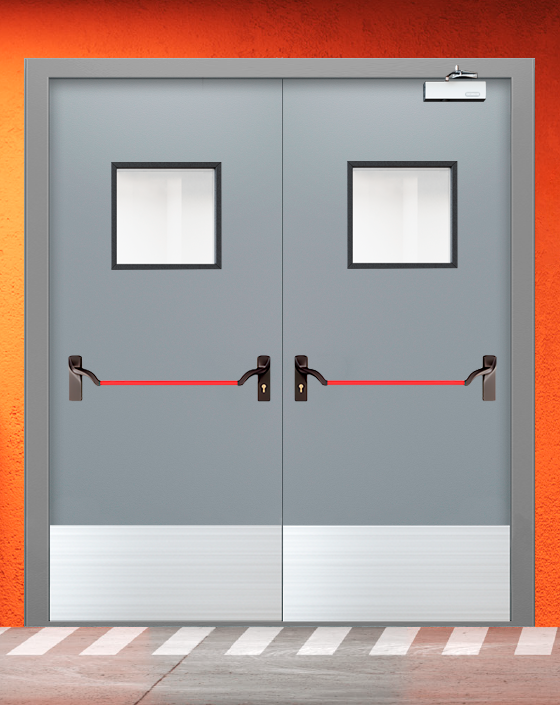 Противопожарная двупольная серая дверь EI 30 (3-го типа) с ручкой антипаника, квадратным окном, широким отбойником