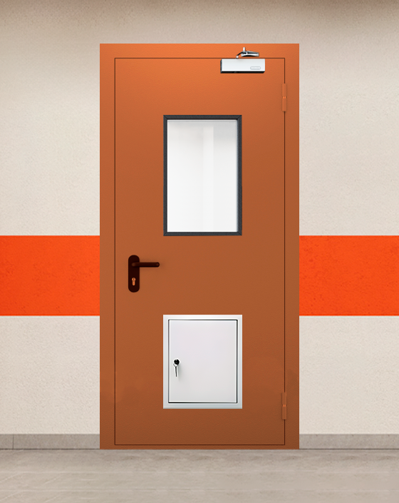 Противопожарная однопольная коричневая дверь EI 60 (2-го типа) с прямоугольным окном, стыковочным узлом