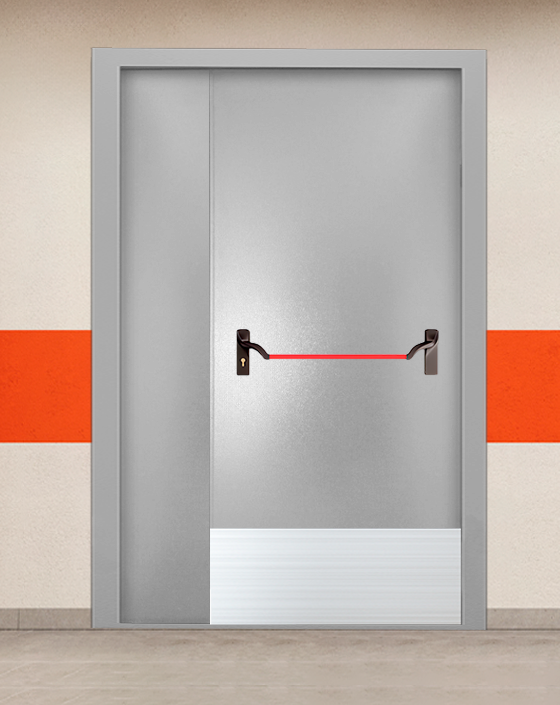 Противопожарная полуторная серая дверь порошковым напылением EI-90 без доводчика с ручкой антипаника, широким отбойником