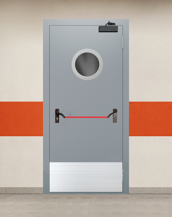 Противопожарная однопольная серая дверь EI 90 с ручкой антипаника, круглым окном, широким отбойником