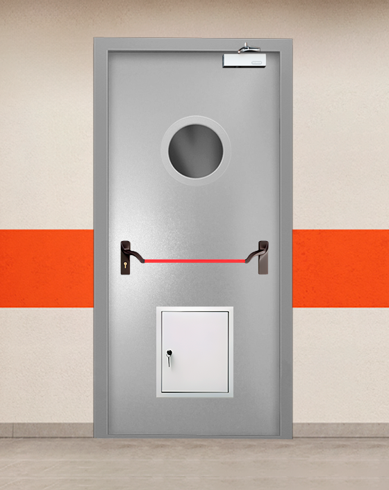 Противопожарная однопольная серая дверь порошковым напылением EIS 45 с ручкой антипаника, круглым окном, стыковочным узлом