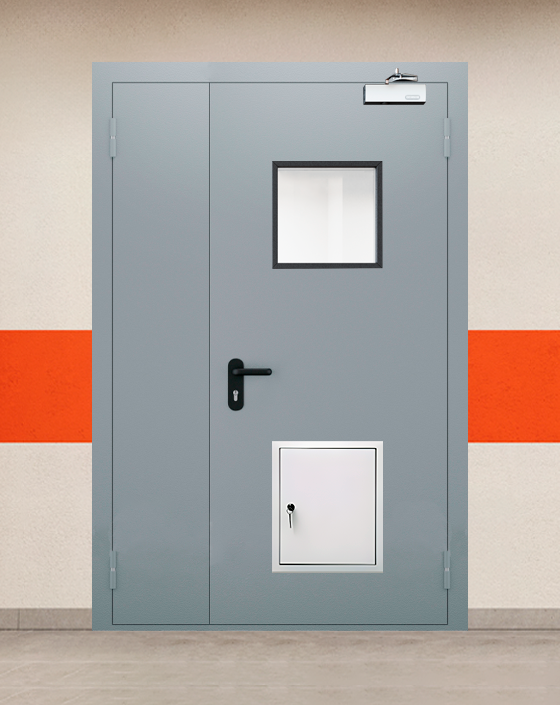 Противопожарная полуторная серая дверь EI 30 (3-го типа) с квадратным окном, стыковочным узлом