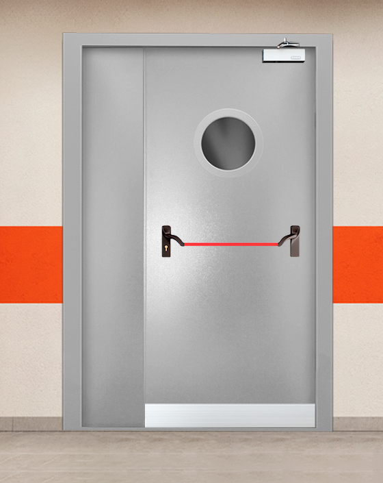 Противопожарная полуторная серая дверь порошковым напылением EI-90 с ручкой антипаника, круглым окном, узким отбойником
