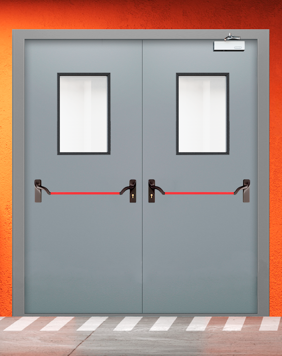 Противопожарная двупольная серая дверь EI 30 (3-го типа) с ручкой антипаника, прямоугольным окном