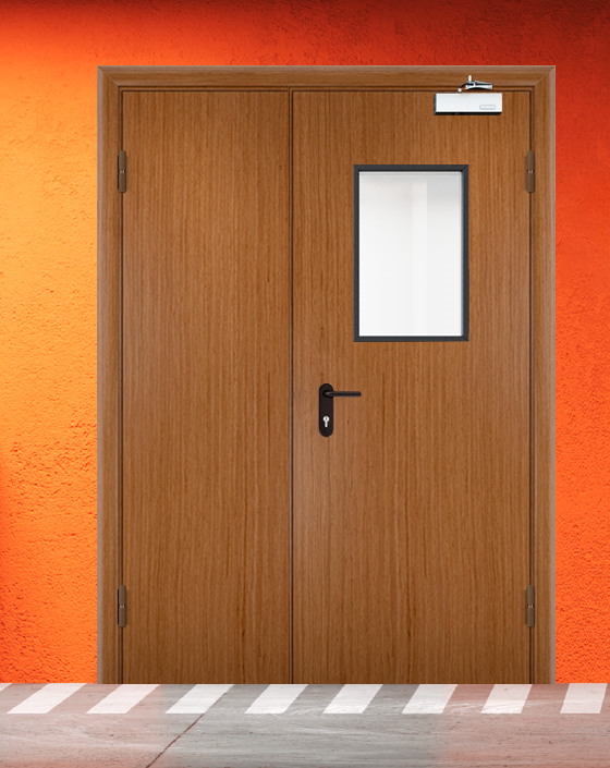 Противопожарная полуторная шпон дверь с прямоугольным окном