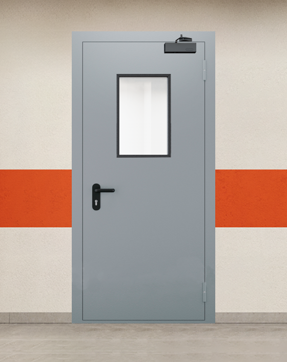 Противопожарная однопольная серая дверь EI 45 с прямоугольным окном