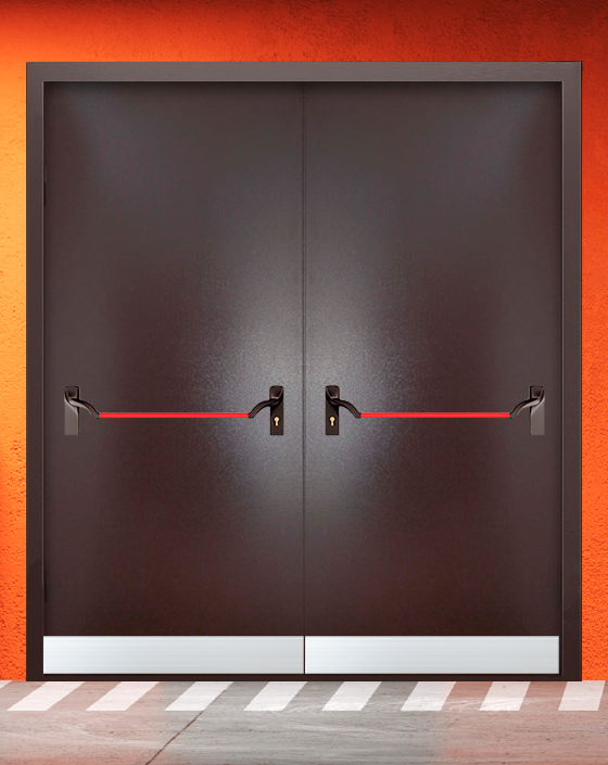 Противопожарная двупольная коричневая дверь порошковым напылением EIWS 60 без доводчика с ручкой антипаника, узким отбойником