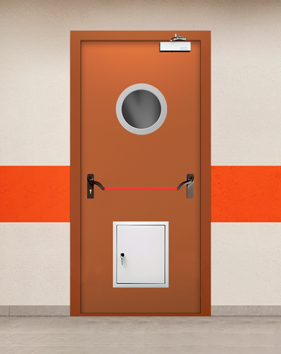 Противопожарная однопольная коричневая дверь EIW 60 с ручкой антипаника, круглым окном, стыковочным узлом