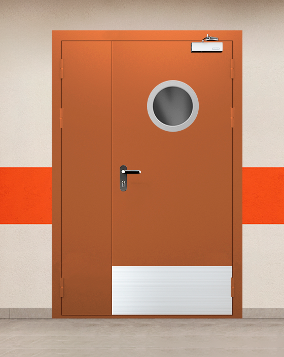 Противопожарная полуторная коричневая дверь EIS 45 с блестящей ручкой, круглым окном, широким отбойником