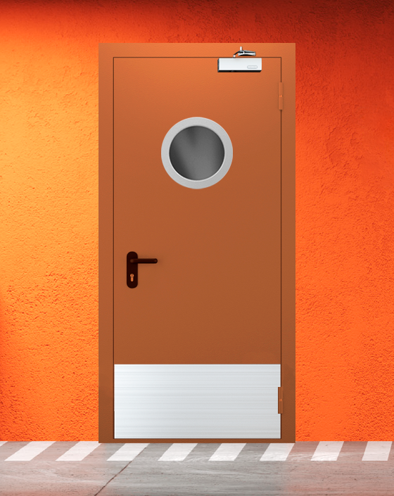 Противопожарная однопольная коричневая дверь EI 60 (2-го типа) с круглым окном, широким отбойником