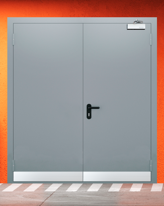 Противопожарная двупольная серая дверь EI-90 с узким отбойником