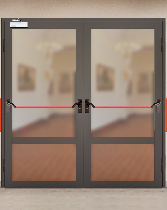 Противопожарная двупольная светопрозрачная стальная коричневая дверь EIW 60 с ручкой антипаника