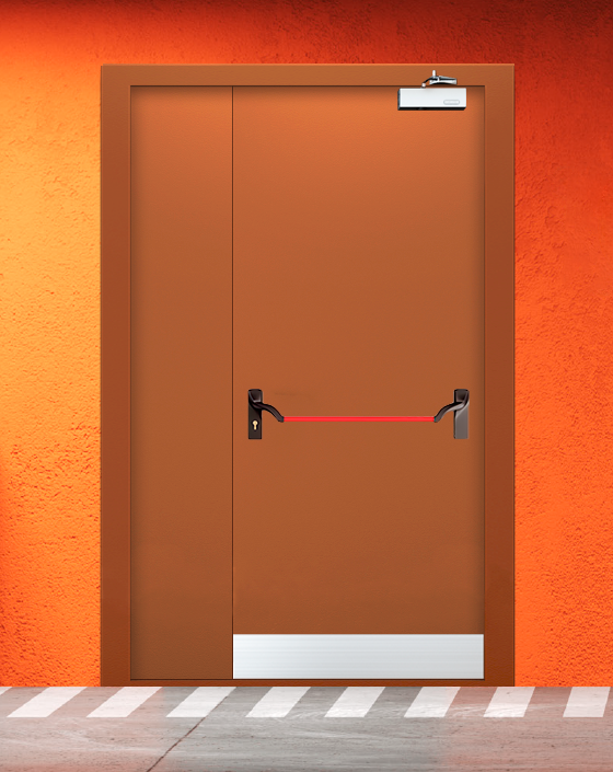 Противопожарная полуторная коричневая дверь EIS 60 с ручкой антипаника, узким отбойником