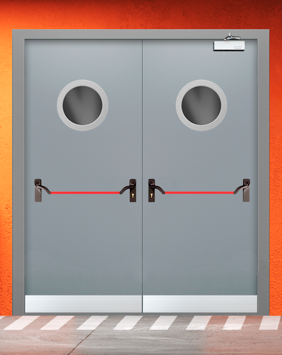 Противопожарная двупольная серая дверь EI 30 (3-го типа) с ручкой антипаника, круглым окном, узким отбойником