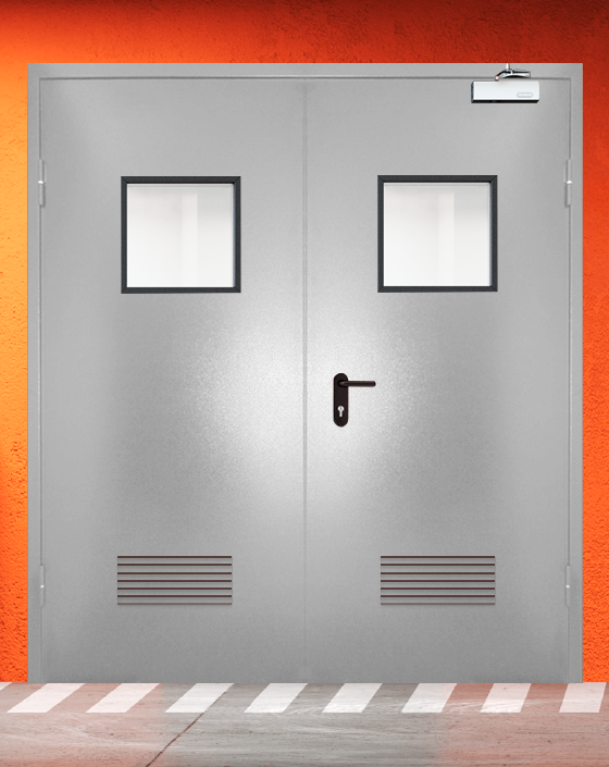 Противопожарная двупольная серая дверь порошковым напылением EIW 30 с квадратным окном, прямоугольной решеткой