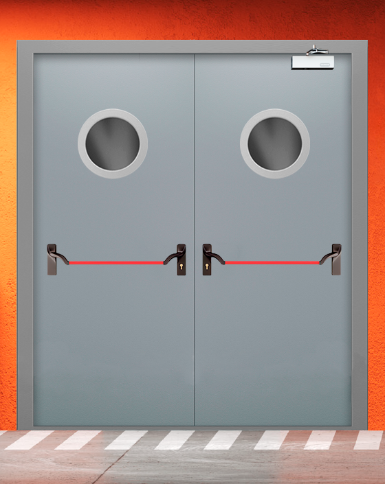 Противопожарная двупольная серая дверь EI 30 (3-го типа) с ручкой антипаника, круглым окном