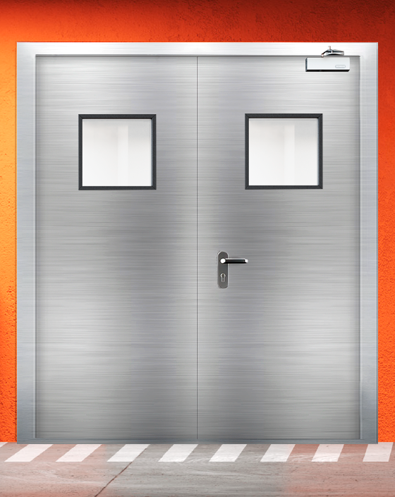 Противопожарная двупольная из нержавеющей стали серая дверь EIS 90 с квадратным окном