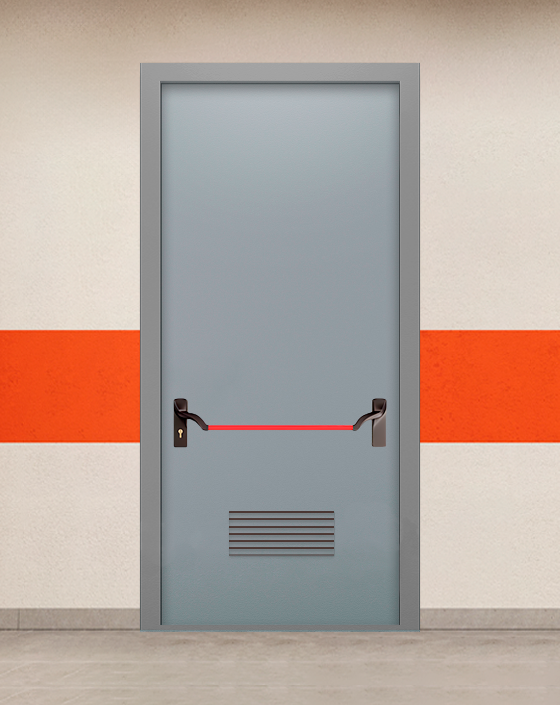 Противопожарная однопольная серая дверь EIS 60 без доводчика с ручкой антипаника, прямоугольной решеткой