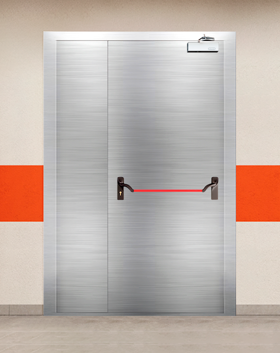Противопожарная полуторная из нержавеющей стали серая дверь EIS 30 с ручкой антипаника