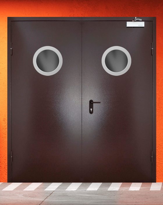 Противопожарная двупольная коричневая дверь порошковым напылением EIWS 30 с круглым окном